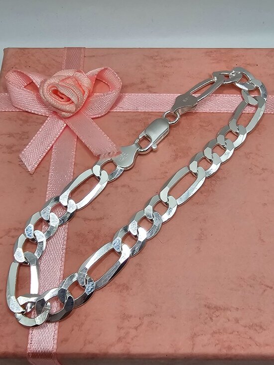 925 Sterling Silver Jewelry - Sterling Silver 925 High Polished Figaro Bracelet 7.8mm 8 inches